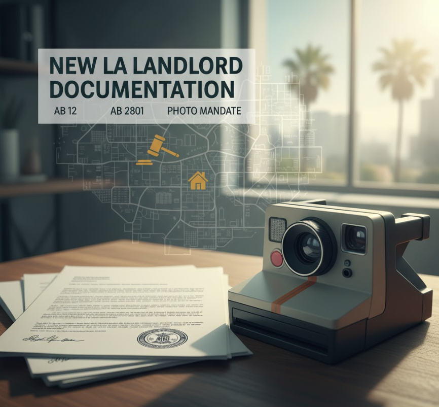 Legal documents and an instant camera on a desk, with an LA city map overlay, symbolizing new Los Angeles landlord laws including AB 12, AB 2801, and the photo mandate.